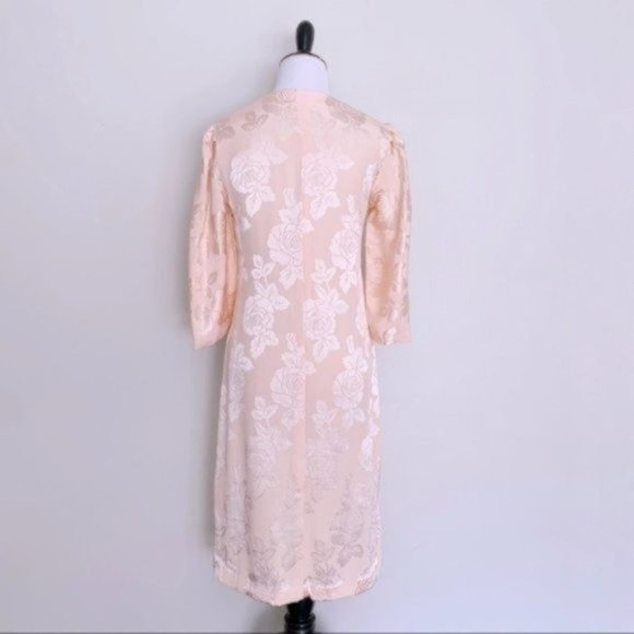 Handmade Vintage Ballet Pink Floral Satin Rose Print Shift Dress XXS/XS - Picture 7 of 8